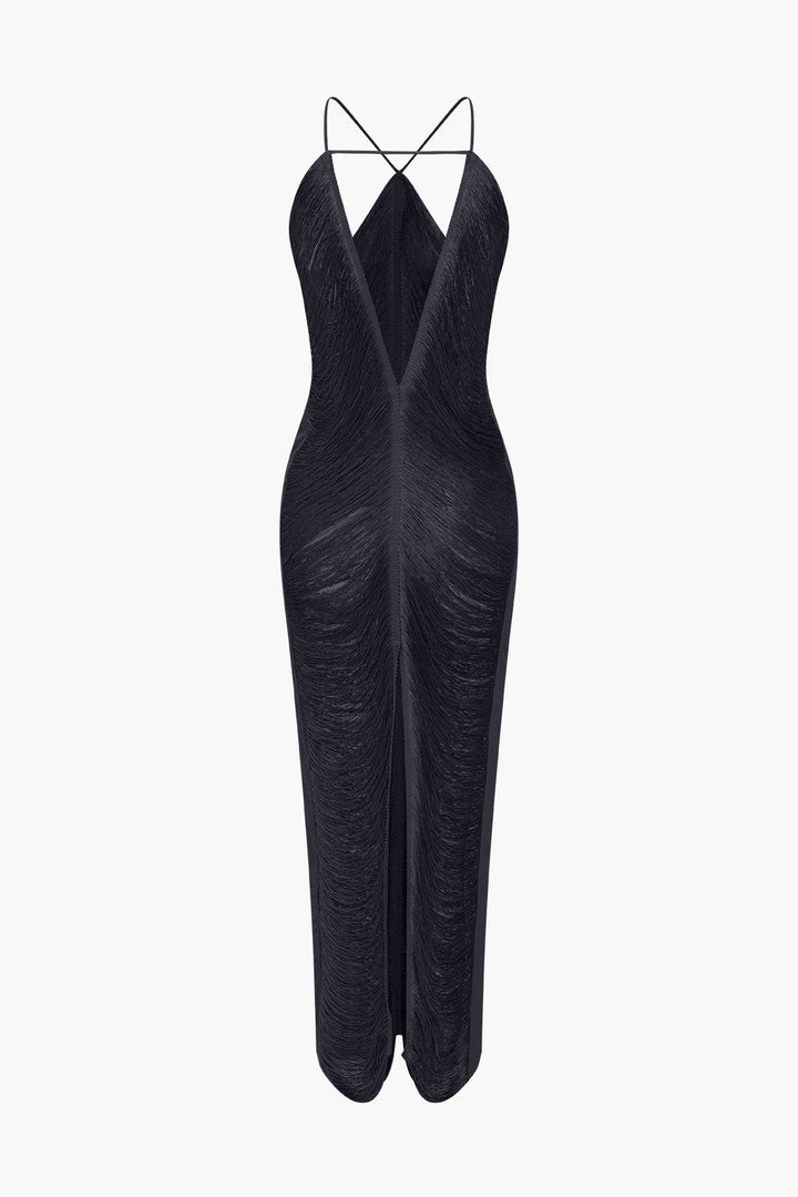 Solid Fringe Cut Out Slit Midi Dress