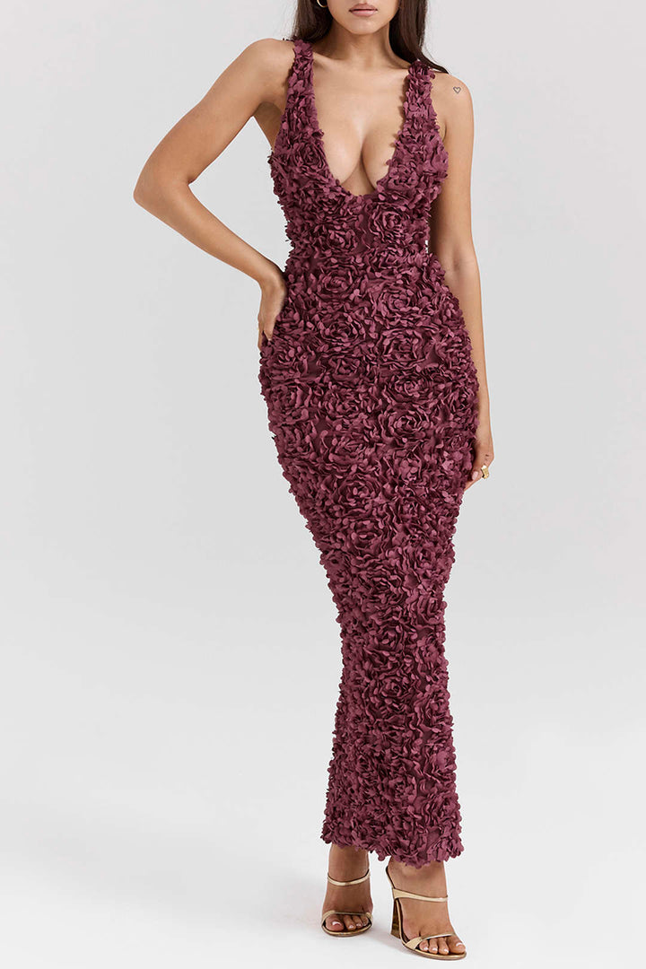 Appliques V-neck Slit Maxi Dress