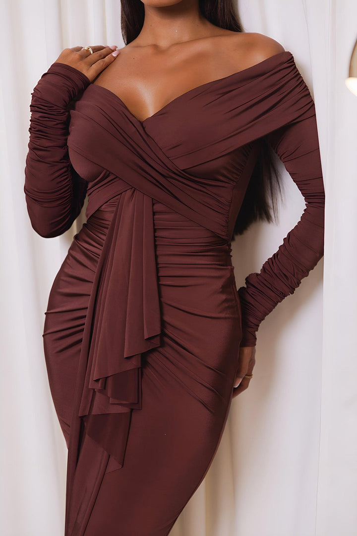 Ruched Off Shoulder Drape Detail Maxi Dress