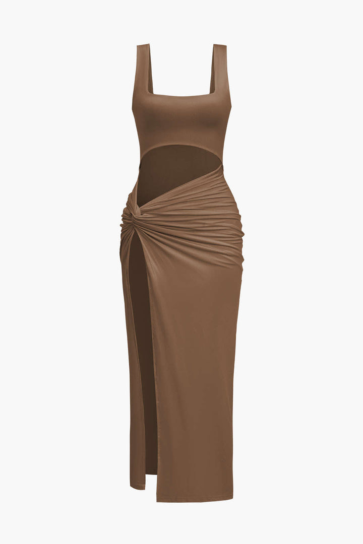 Solid Twist Front Cut Out Slit Midi Dress