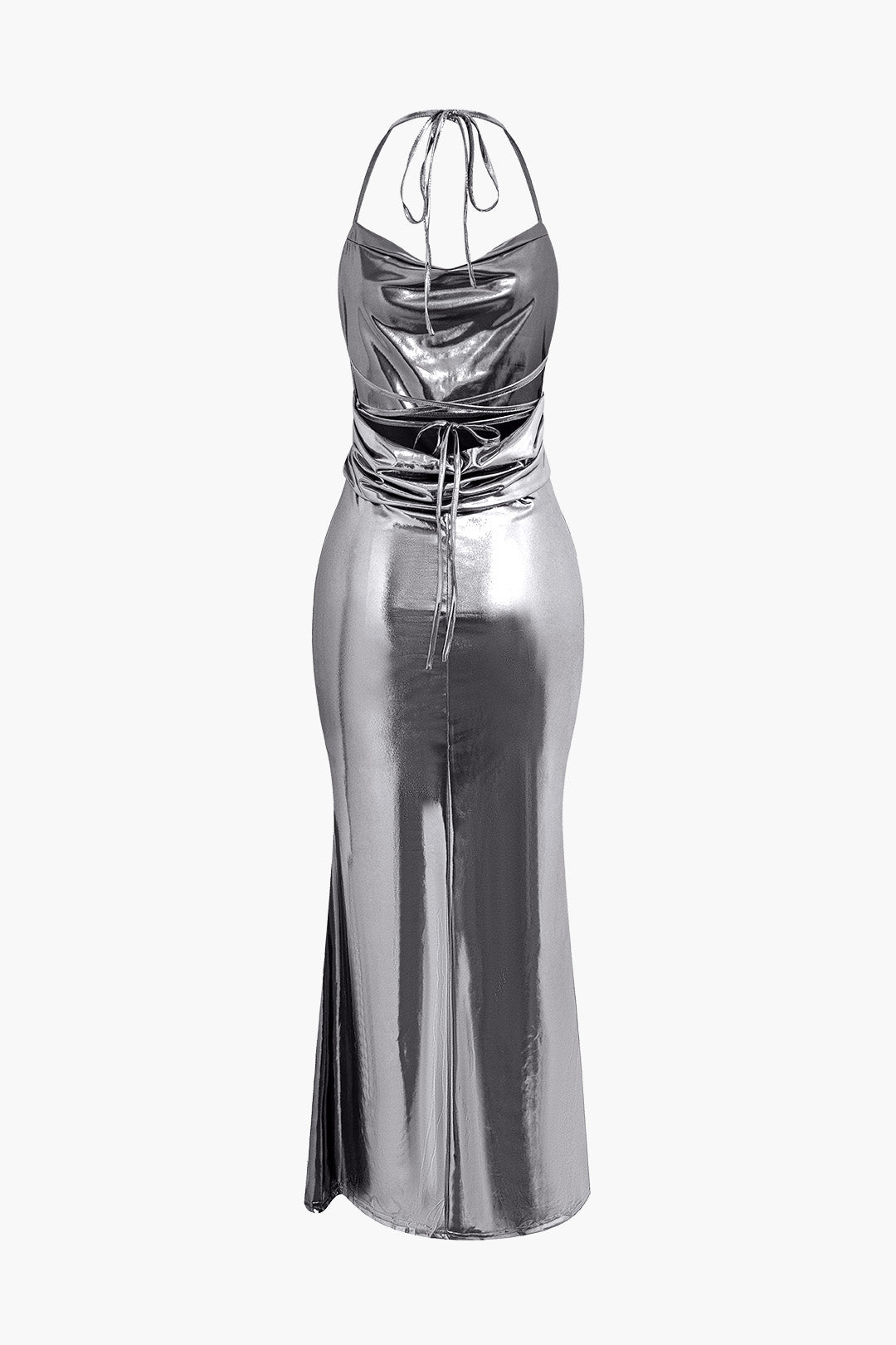 Metallic Tie Halter Cowl Neck Backless Maxi Dress