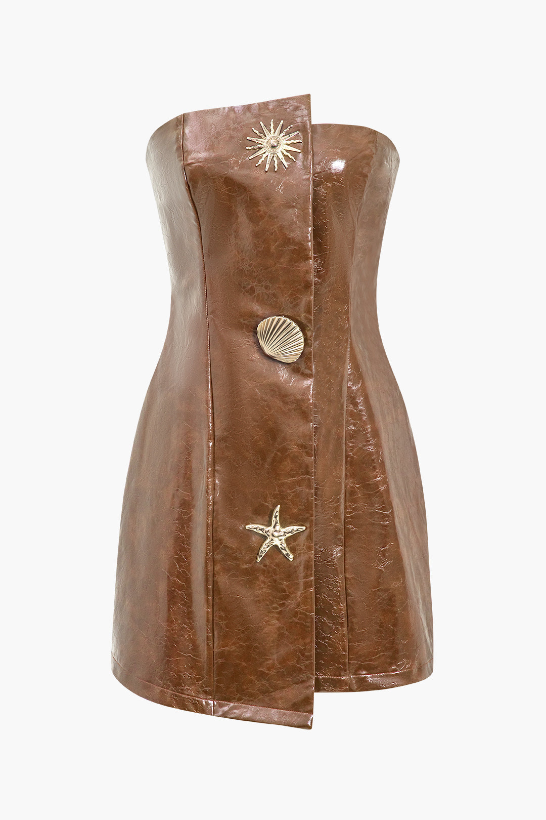 Faux Leather Strapless Mini Dress With Shell Embellishments