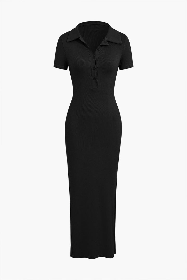 Solid Slit Collar Midi Dress