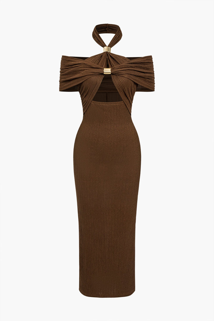 Textured Ruched Slit Midi Dress