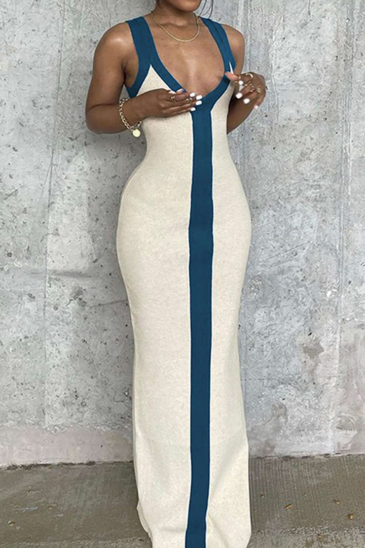 Colorblock V-neck Ribbed Split Maxi Dress