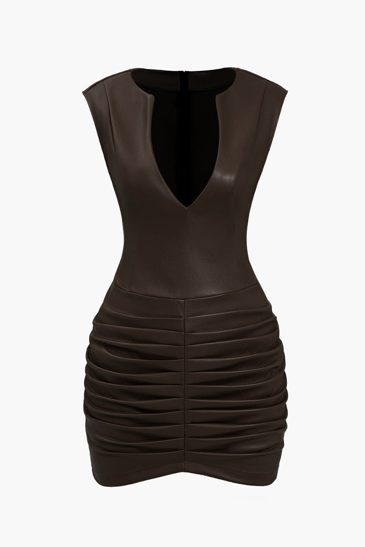 Ruched Faux Leather V-Neck Bodycon Mini Dress