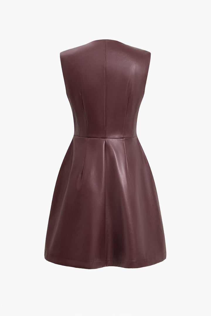 Solid PU Leather Button Mini Dress