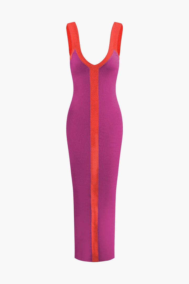 Colorblock V-neck Ribbed Split Maxi Dress