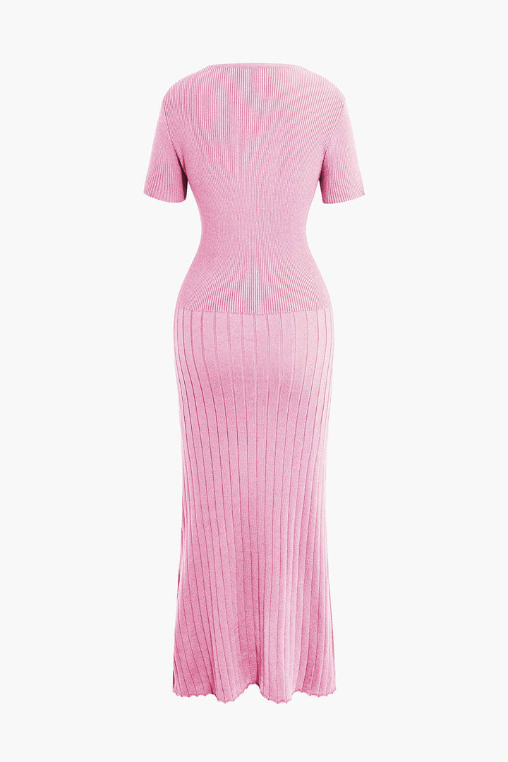 Ribbed Knit V-neck Midi Dress