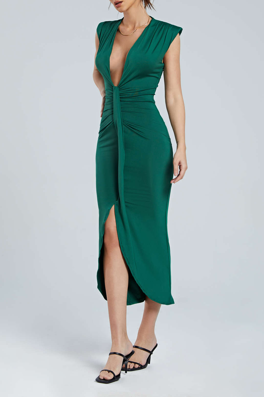 Deep V-Neck Sleeveless Midi Dress