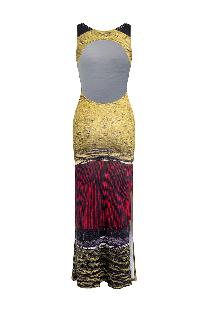 Abstract Print Sleeveless Backless Slit Maxi Dress