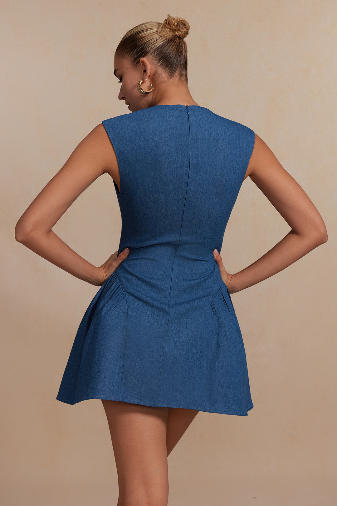 Solid Ruched V-neck Denim Dress