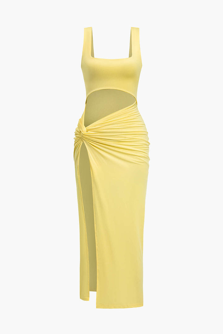 Solid Twist Front Cut Out Slit Midi Dress