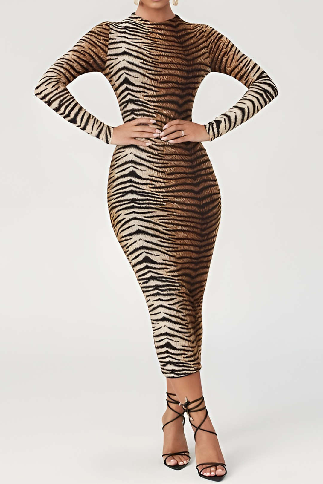 Leopard Print Long Sleeve Slim Midi Dress