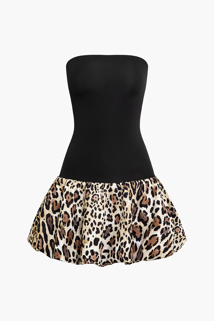 Patchwork Leopard Print Puffy Strapless Mini Dress