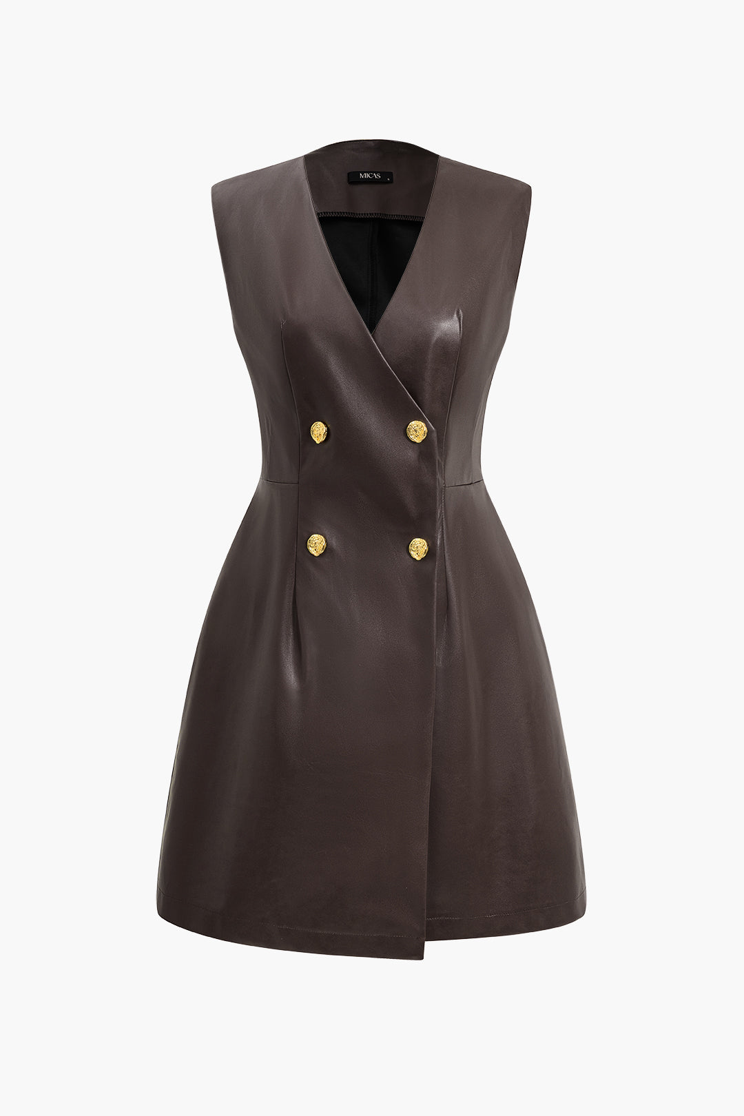 Solid PU Leather Button Mini Dress