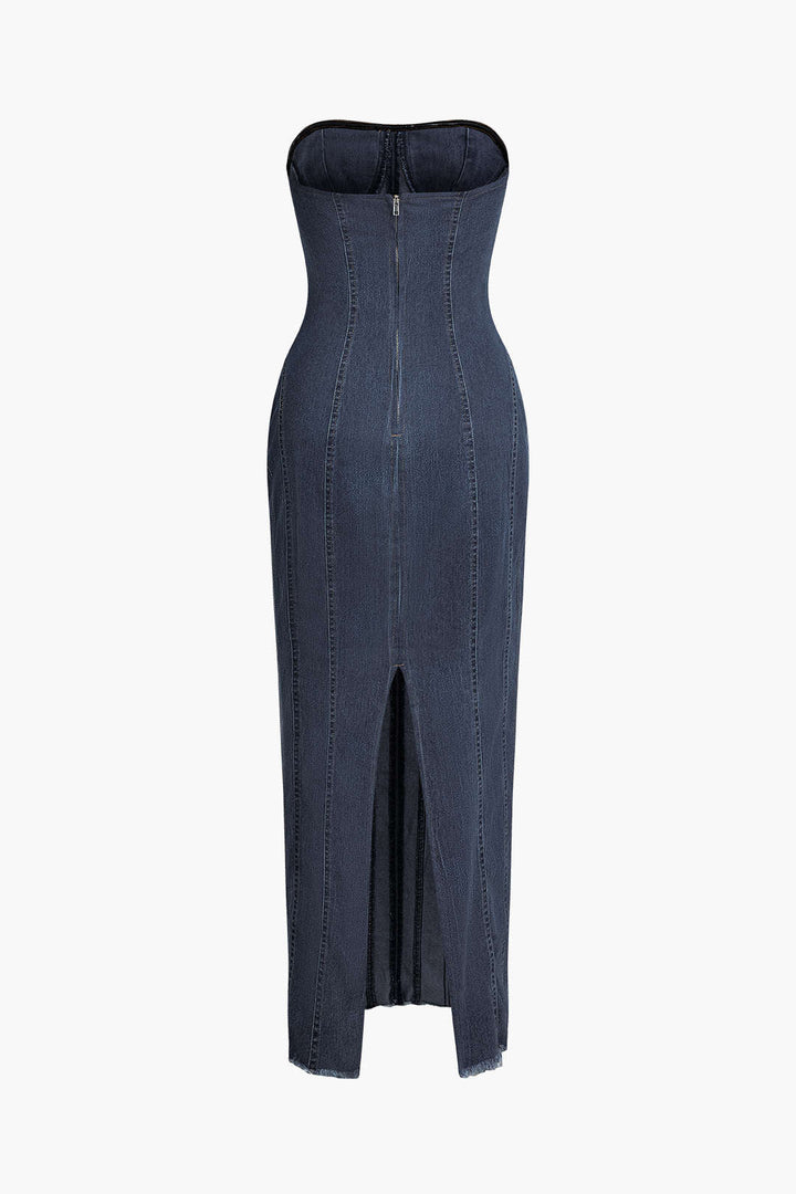 Seam Detail Zipper Slit Denim Strapless Maxi Dress