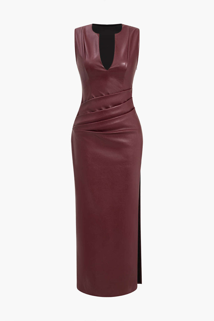 Faux Leather V-neck Ruched Maxi Dress