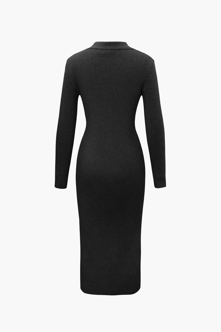 V-Neck Long Sleeve Mid-Length Sweater Dress