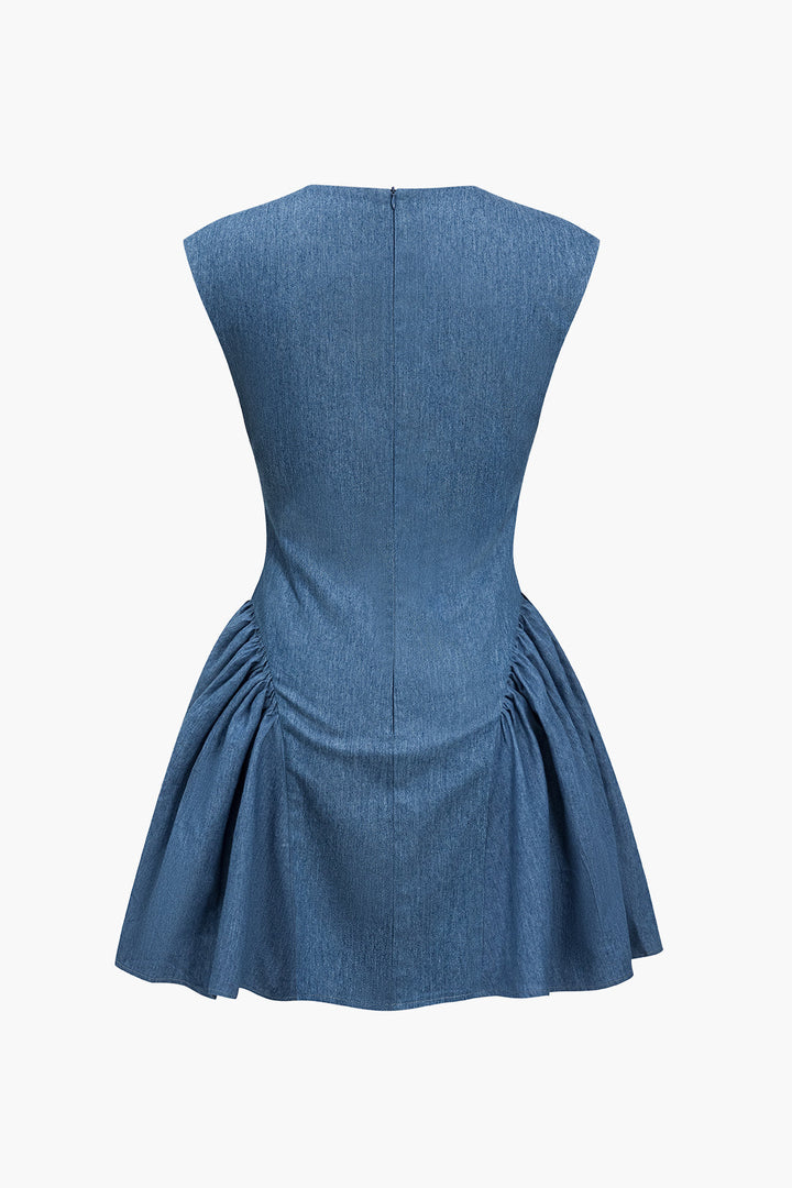 Solid Ruched V-neck Denim Dress