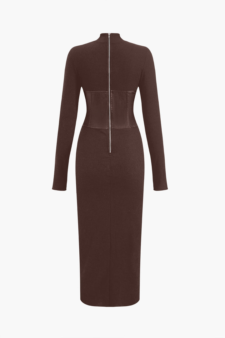 Solid Faux Leather Patchwork Midi Dress