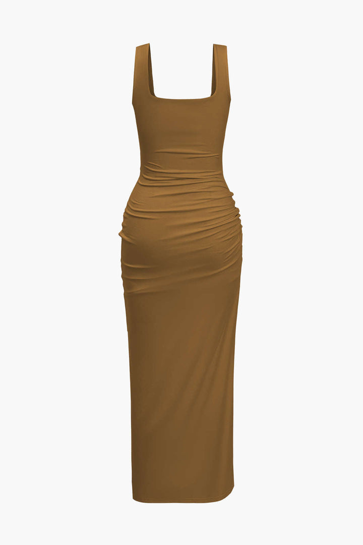 Solid Twist Front Cut Out Slit Midi Dress