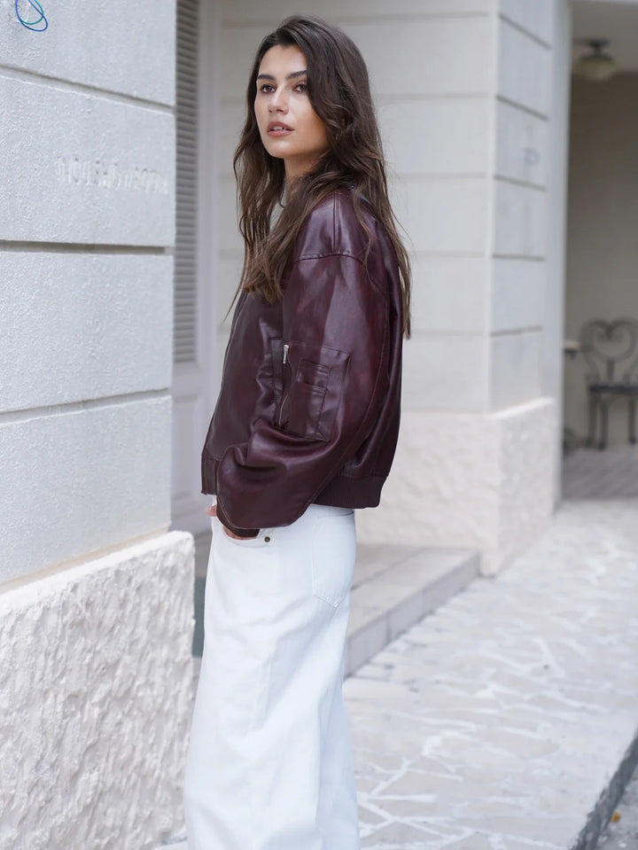 Leather short bomber jacket