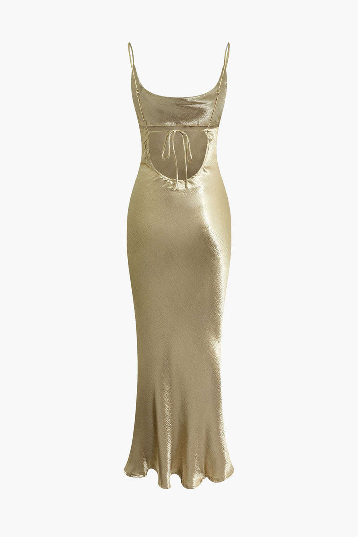 Metallic Backless Slip Mermaid Cowl Neck Maxi Dress