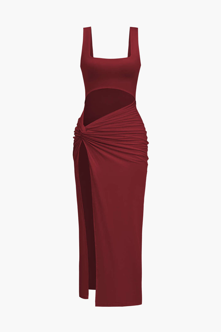 Solid Twist Front Cut Out Slit Midi Dress