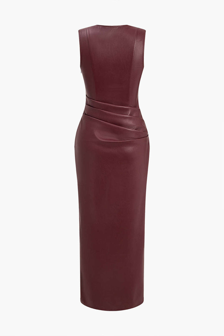 Faux Leather V-neck Ruched Maxi Dress