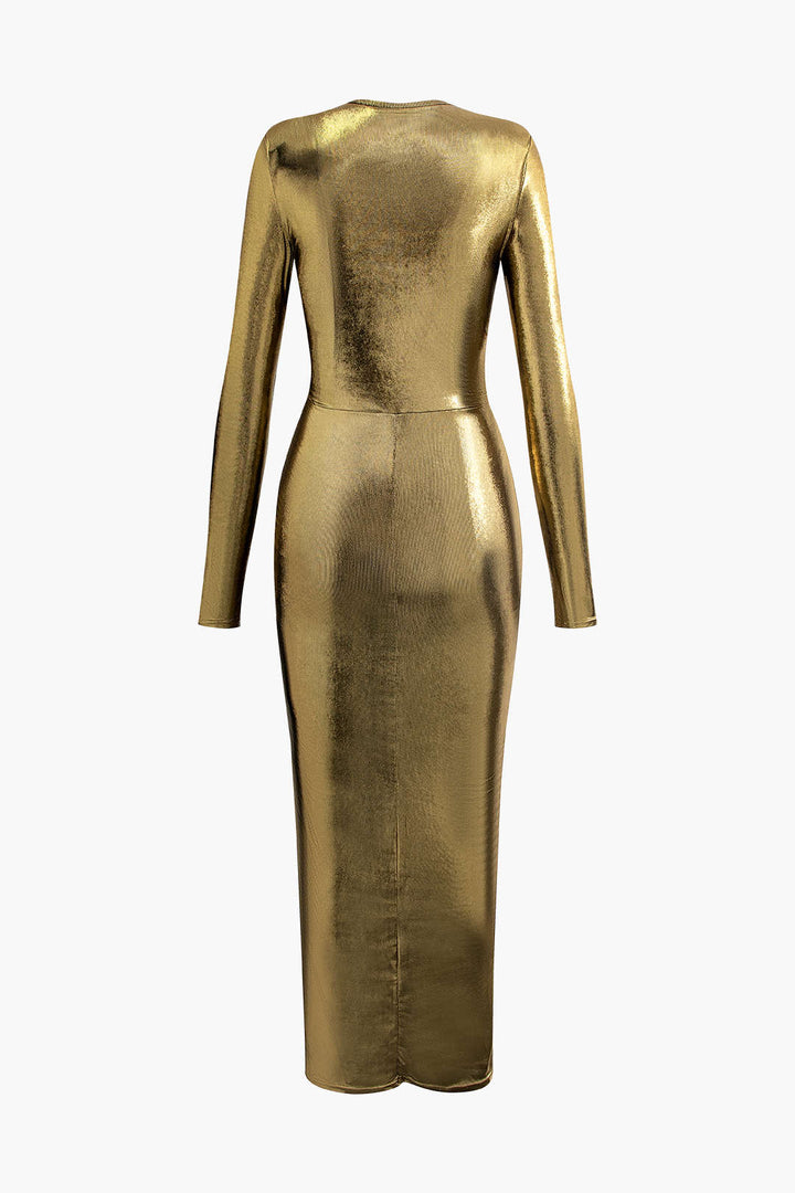 Metallic V-neck Ruched Slit Wrap Maxi Dress