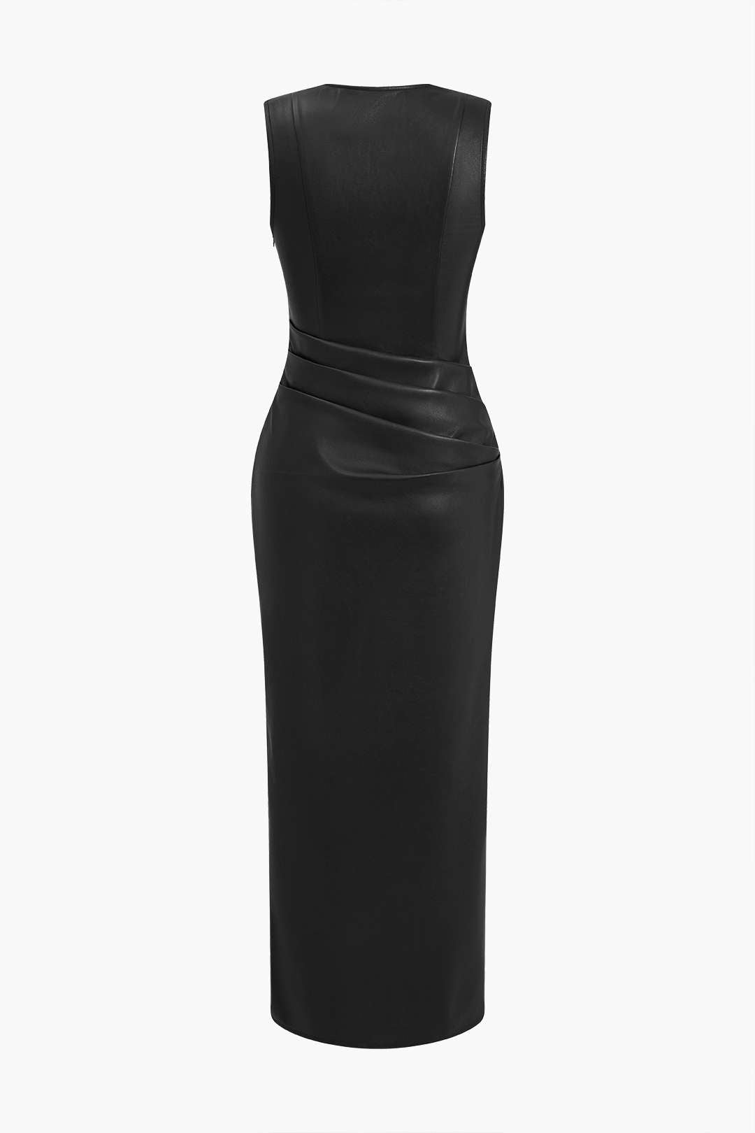 Faux Leather V-neck Ruched Maxi Dress