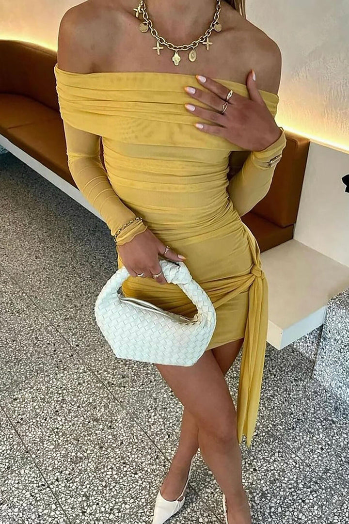 Solid Tie Front Off Shoulder Mini Dress