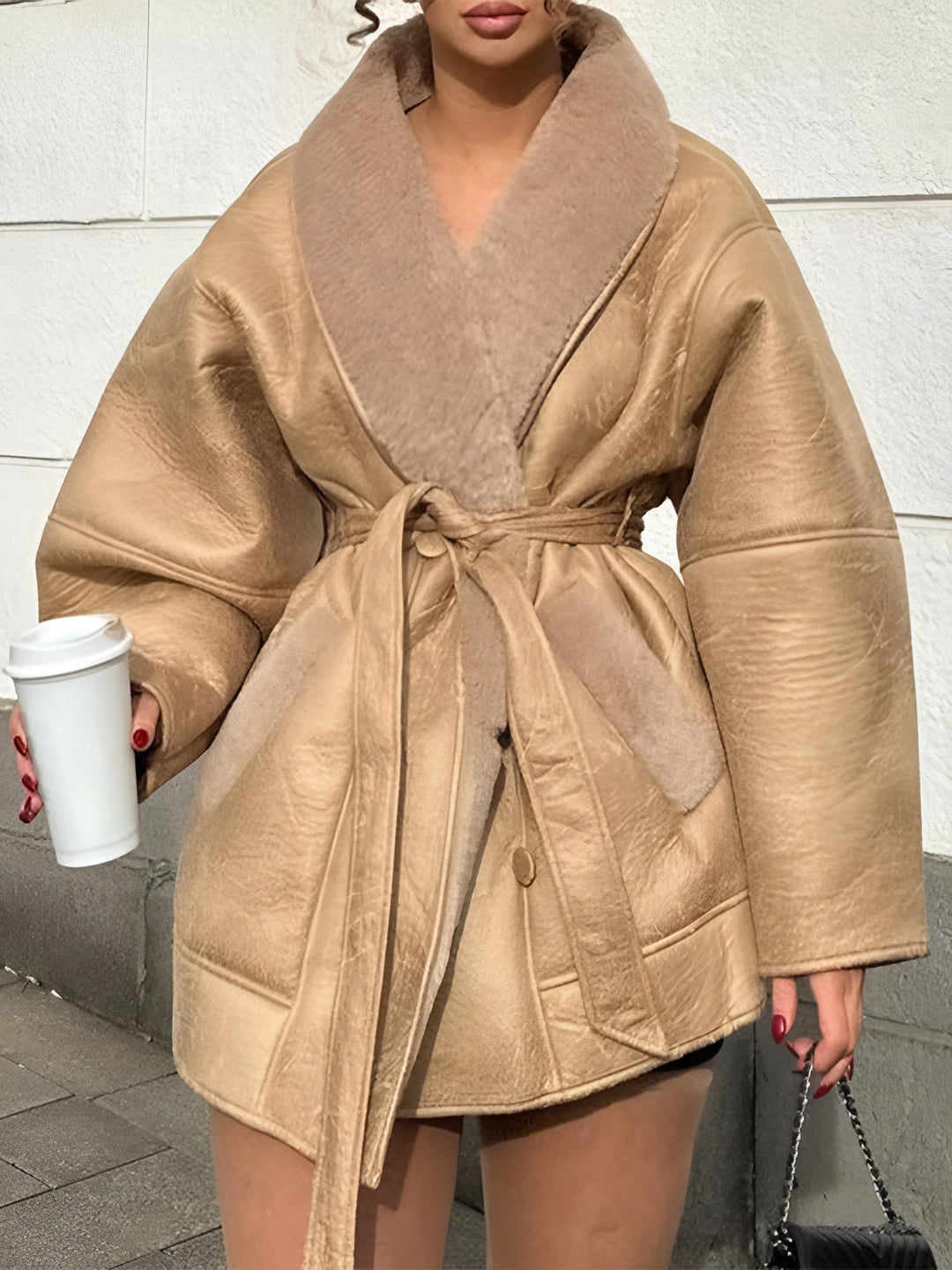 Belted shearling coat