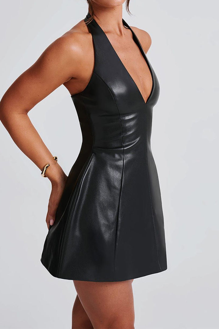 Solid Backless Halter Faux Leather Mini Dress