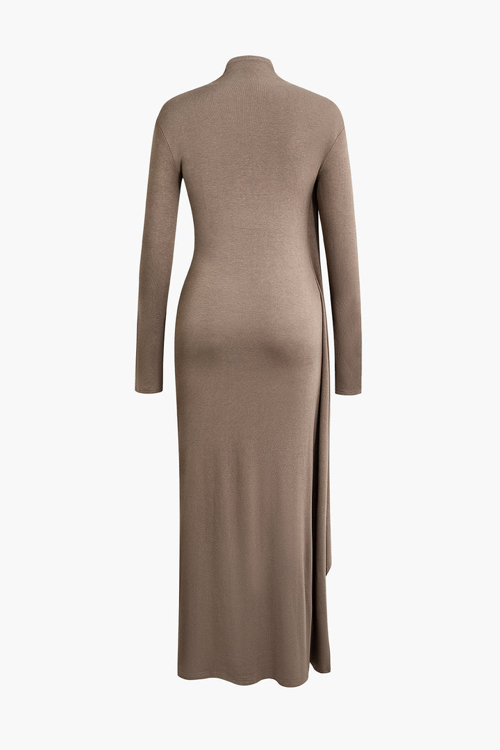 Mock Neck Wrap Ruched Long Sleeve Slit Maxi Dress