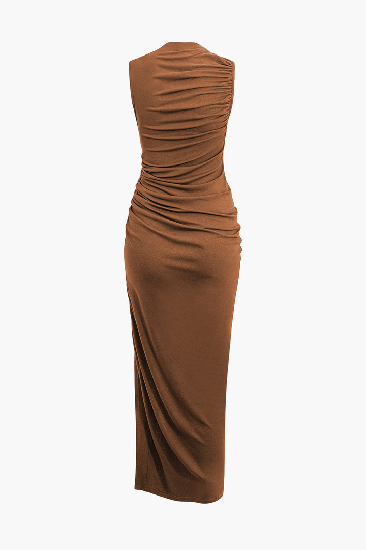 Asymmetric Ruched Drawstring Slit Sleeveless Maxi Dress