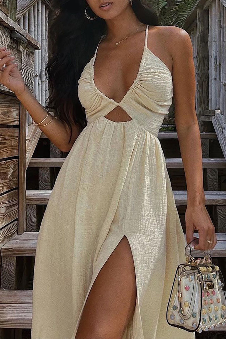 Backless V-neck Slit Midi Dress