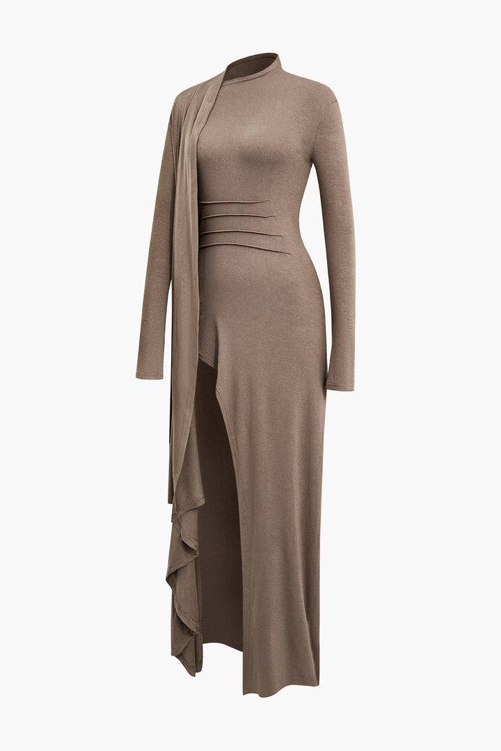 Mock Neck Wrap Ruched Long Sleeve Slit Maxi Dress