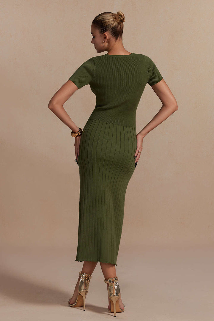 Ribbed Knit V-neck Midi Dress