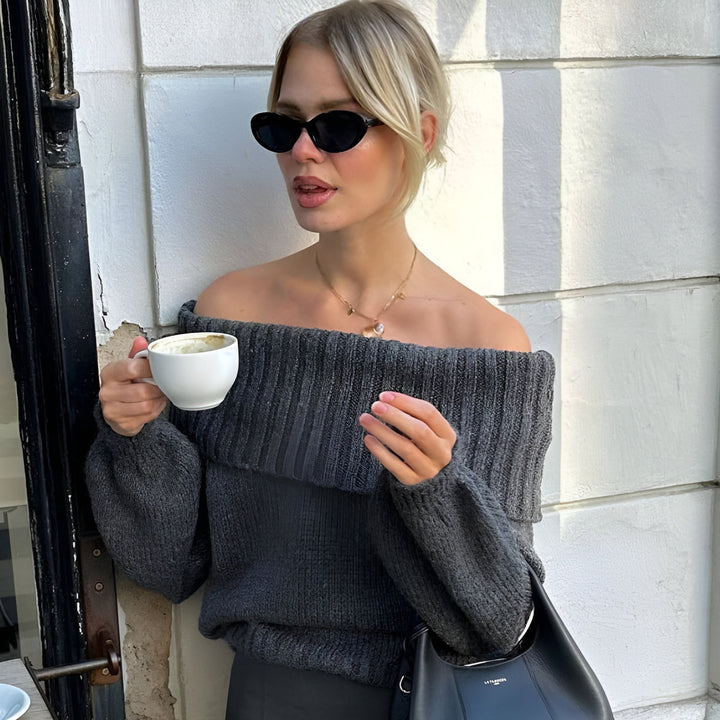 Knitted plain off-shoulder jumper with long sleeves